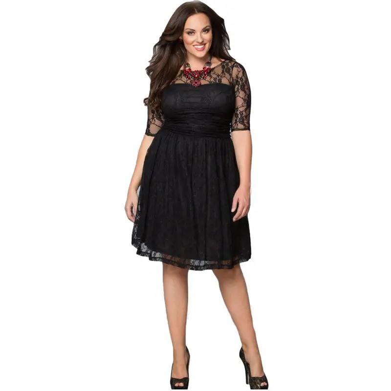 Dresses Big Sizes Retro Short Dress Women Casual Lace O-Neck Short Sleeve Dress Vestidos Feida 1