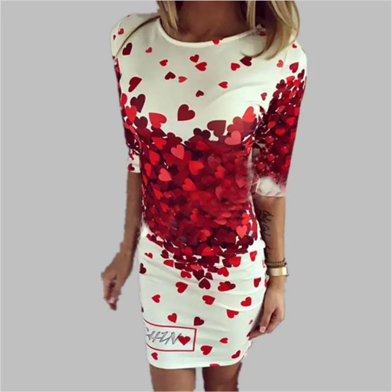 Dresses For Women Heart Print Casual Dress Half Sleeve Bodycon Dress Mini Vestidos Slim Dress Ladies 2