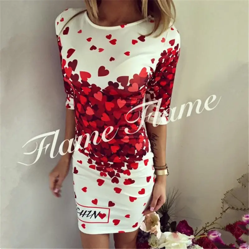 Dresses For Women Heart Print Casual Dress Half Sleeve Bodycon Dress Mini Vestidos Slim Dress Ladies 3
