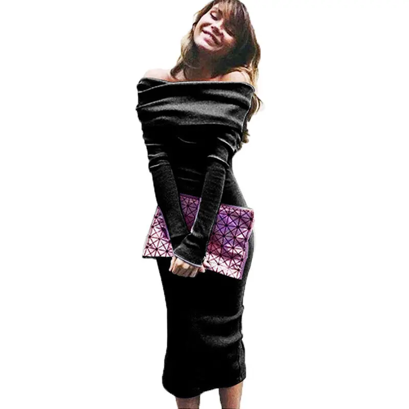 Dresses Sexy Slim Bodycon Dress Knee Length Elegant Off Shoulder Knitted Dress Robe Femme Plus Size 1
