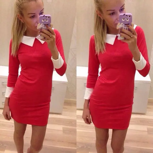 Dresses Turn Down Collar Casual Dress Elegant Dress Women Work Wear Red Blue Black Color J2323 4