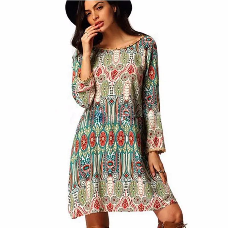 Dresses Women Casual Bohemian Floral Flower Print Dress Beach Chiffon Top Dress National Wind Robe 1