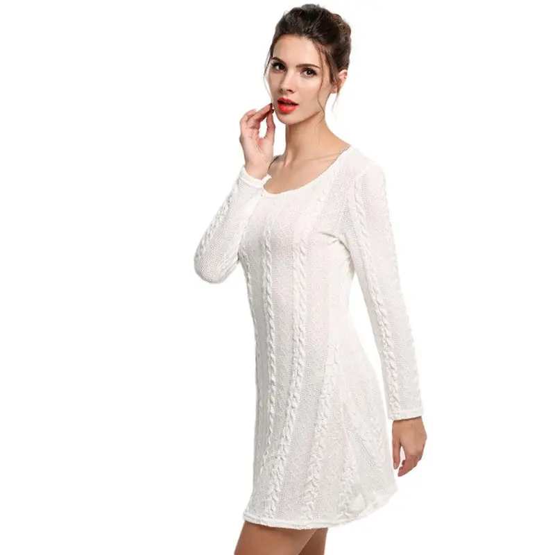 Dresses Women Long Sleeve Crewneck Jumper Slim Casual Knitted Sweater Dress White Fast Shipping Feida 1