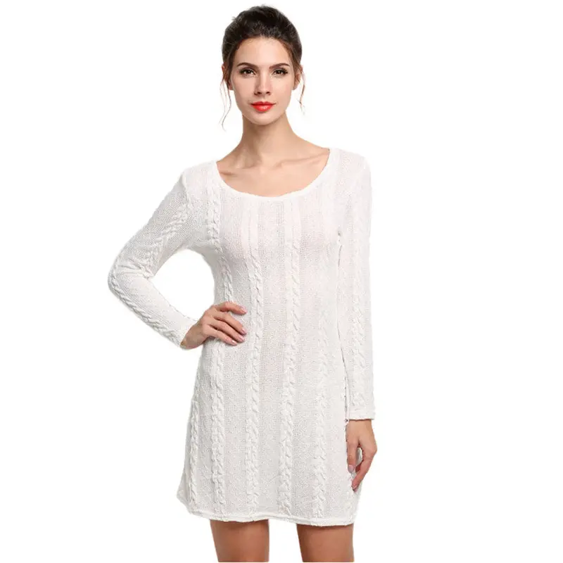 Dresses Women Long Sleeve Crewneck Jumper Slim Casual Knitted Sweater Dress White Fast Shipping Feida 10