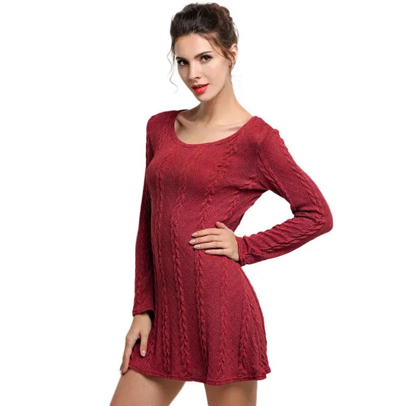 Dresses Women Long Sleeve Crewneck Jumper Slim Casual Knitted Sweater Dress White Fast Shipping Feida 5