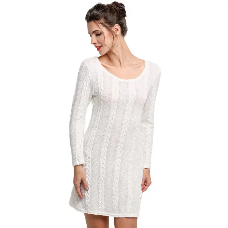 Dresses Women Long Sleeve Crewneck Jumper Slim Casual Knitted Sweater Dress White Fast Shipping Feida 5