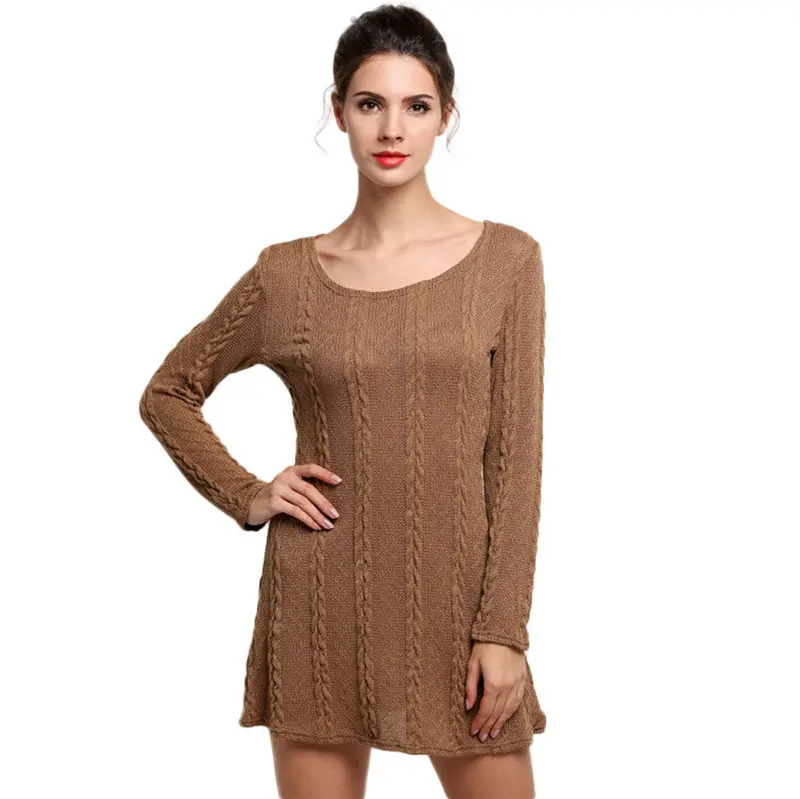 Dresses Women Long Sleeve Crewneck Jumper Slim Casual Knitted Sweater Dress White Fast Shipping Feida 6