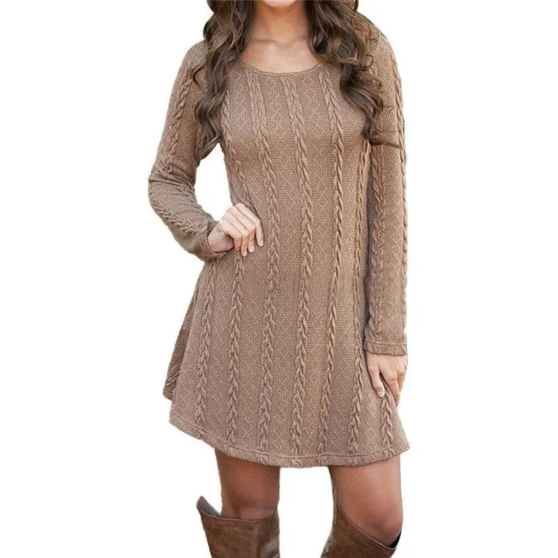 Dresses Women Long Sleeve Crewneck Jumper Slim Casual Knitted Sweater Dress White Fast Shipping Feida 9