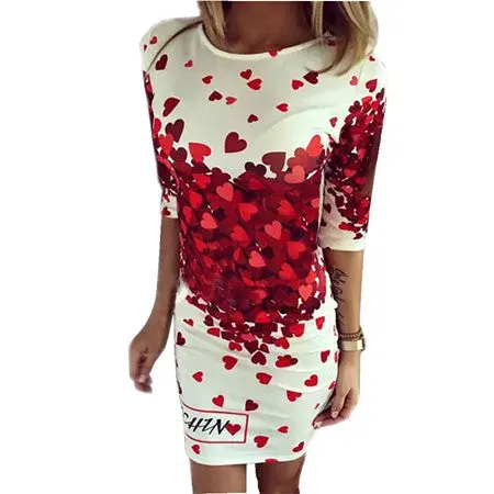 Dresses Women Sexy Party Club Bodycon Sheath Casual Elegant Dress Vintage Print Red Heart Lovely Dresses Robe 1