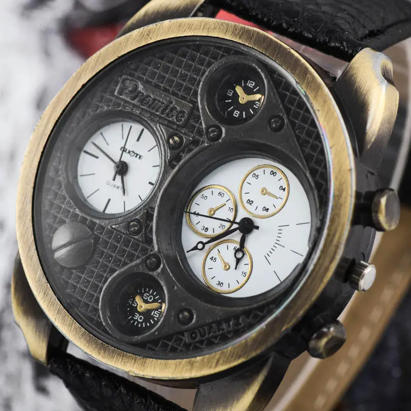 Dual Time Display Watch Leather Quartz Men Watches Military Army Sport Wrist Watch 1