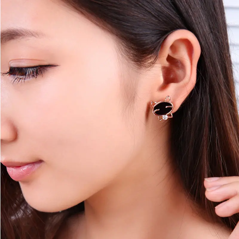Ear Silver Crystal Stud Earrings For Women Jewelry Gift Party Cute Smile Cat Black 1