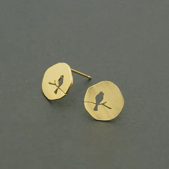 Earrings Classic Earrings 18K Gold Plated Hollow Vintage Animal Bird On A Branch Stud Earring Party 1