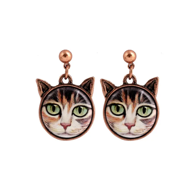 Earrings Cute Round Bronze Cat Head Hanging Earrings 1