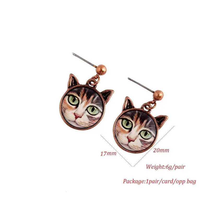 Earrings Cute Round Bronze Cat Head Hanging Earrings 2