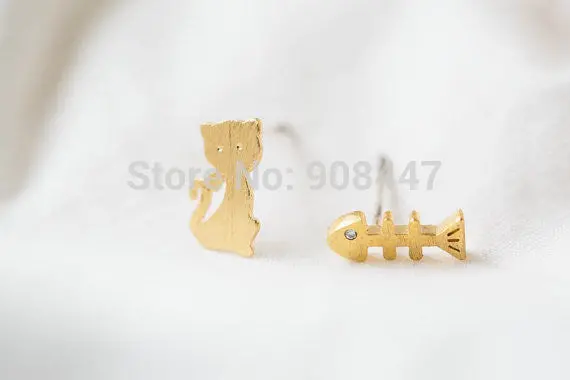 Earrings Jewelry Gold Cat And Fish Bone Stud Post Earrings Cute Animal Jewelry S053 1