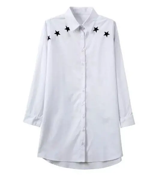 Easy Chic Lapel Embroidery Star Loose Mid Long Shirt Women Casual Long Sleeve Blouses Retro Tops White Color 1