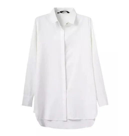 Easy Chic Lapel Long Sleeve Mid Long Shirt Women Casual Roll-Up Sleeve Crop Blouses Retro Asymmetry Tops White Color 1
