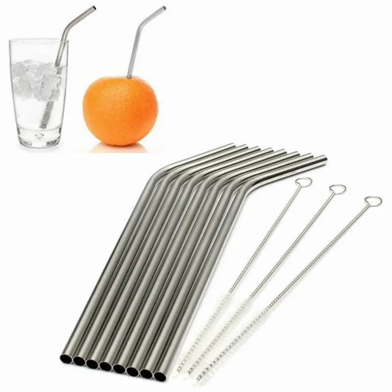 Eco Friendly 8Pcs Stainless Steel Metal Drinking Straw Reusable Straws + 3 Cleaner Brush Set 81351 1