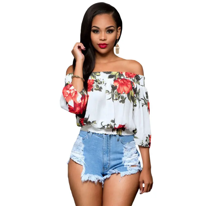 Elastic Waist Hem Floral Print Ladies Off The Shoulder Crop Tops For Slash Neck Half Sleeve T Shirt Wo 1