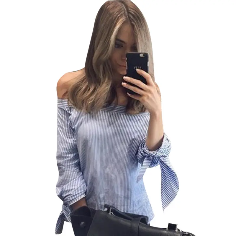 Elegant Bow Blue Off Shoulder Blouse Shirt Sexy Girls White Blouse Women Tops Striped Blusas Plus Size Feida 1