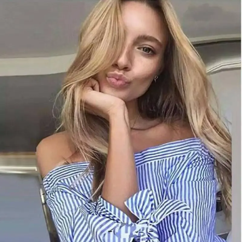 Elegant Bow Blue Off Shoulder Blouse Shirt Sexy Girls White Blouse Women Tops Striped Blusas Plus Size Feida 2