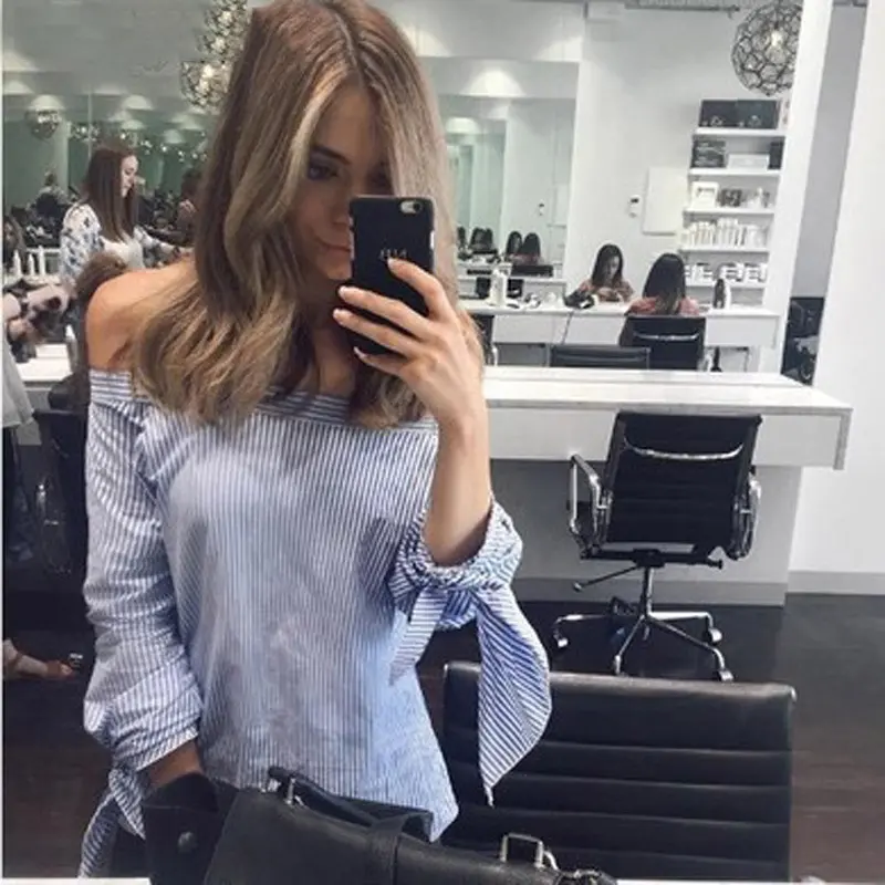 Elegant Bow Blue Off Shoulder Blouse Shirt Sexy Girls White Blouse Women Tops Striped Blusas Plus Size Feida 3