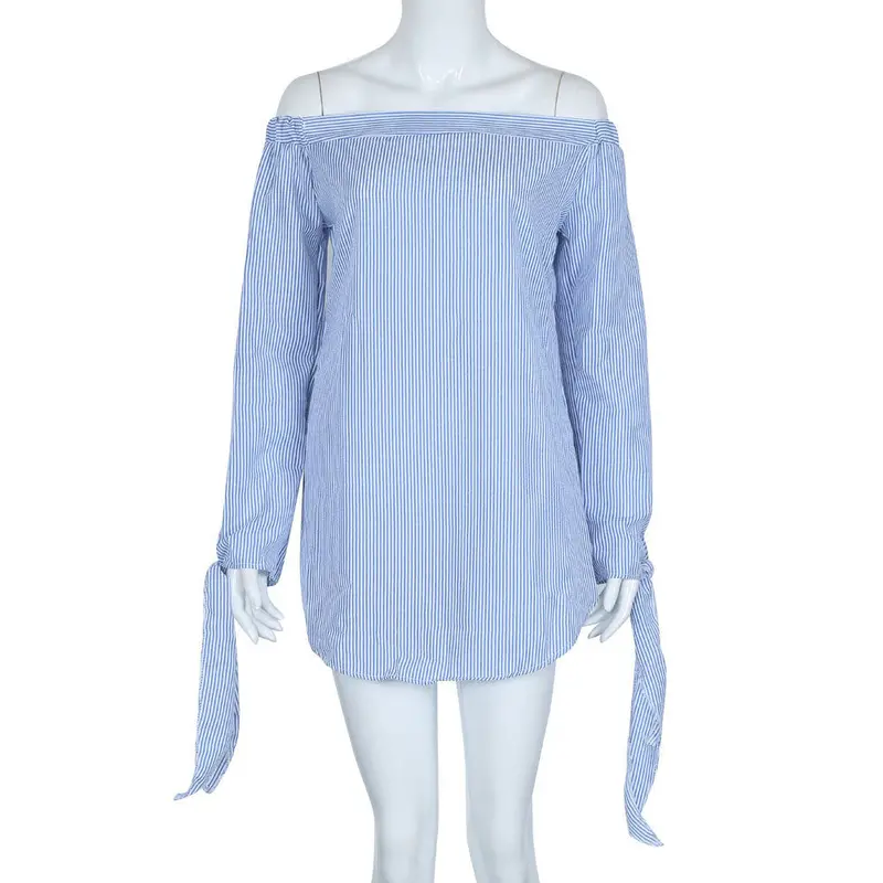 Elegant Bow Blue Off Shoulder Blouse Shirt Sexy Girls White Blouse Women Tops Striped Blusas Plus Size Feida 4