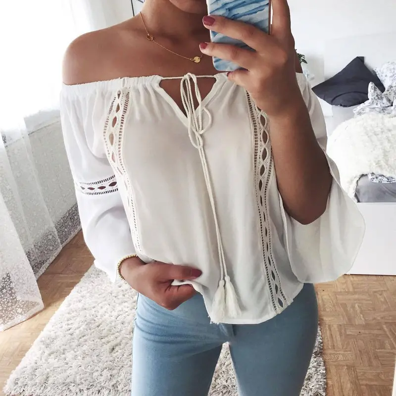 Elegant Chiffon Blouses Slash Neck Vintage Tassel Drawstring & Hollow Out Casual Loose Strapless Shirt Tops Lx009 1