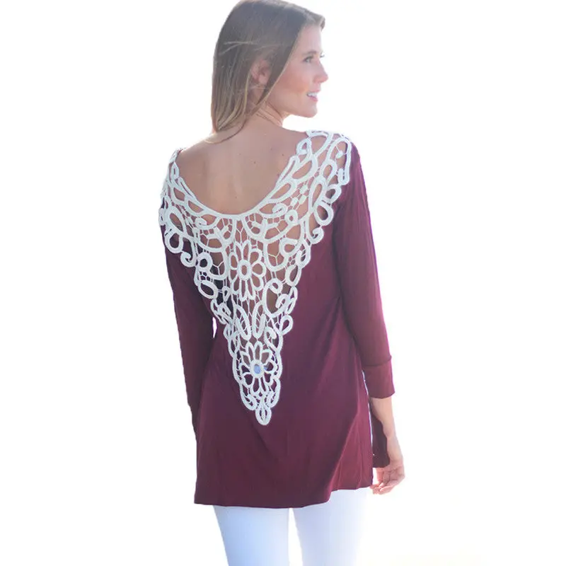 Elegant Crochet-Embellished Long Sleeve Top for Women – Deep V-Back, Lace Detail, and Side Slit Design