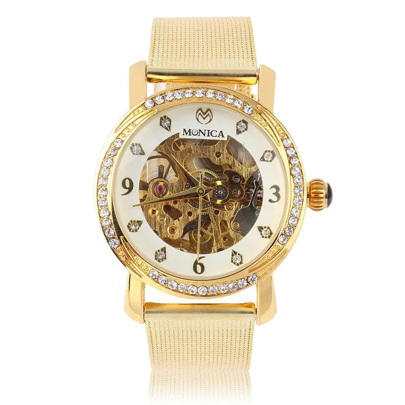 Elegant Crystal Golden Casemechanical Analog Watch Metal Mesh Band Big Round Groove 1