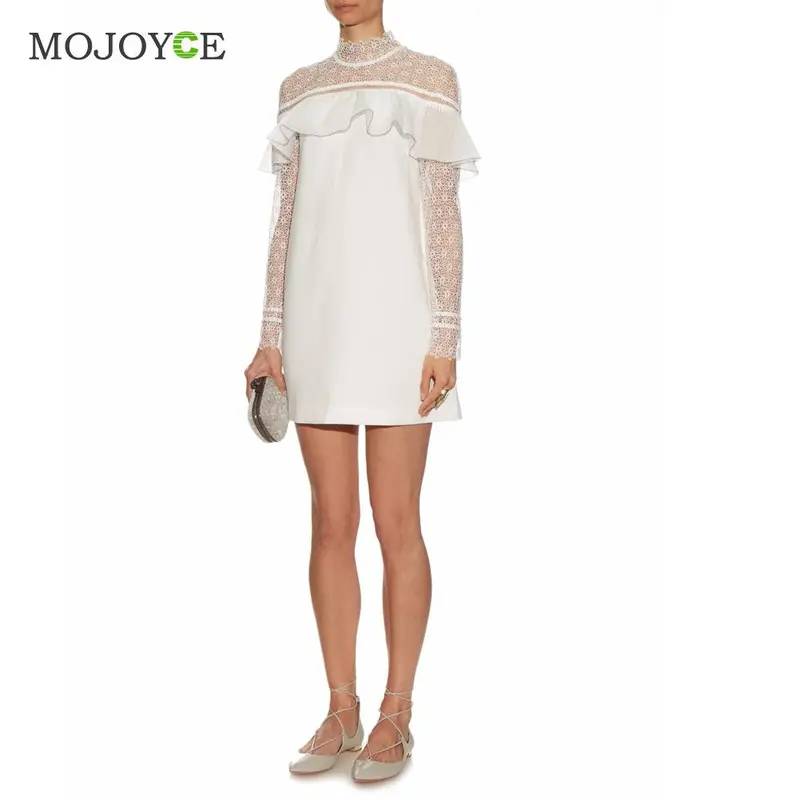 Elegant Dress Cute Mini Women Dress White Lace Ruffled Hollowout Office Dress Long Sleeve Slim Ol Vestido De Festa 1