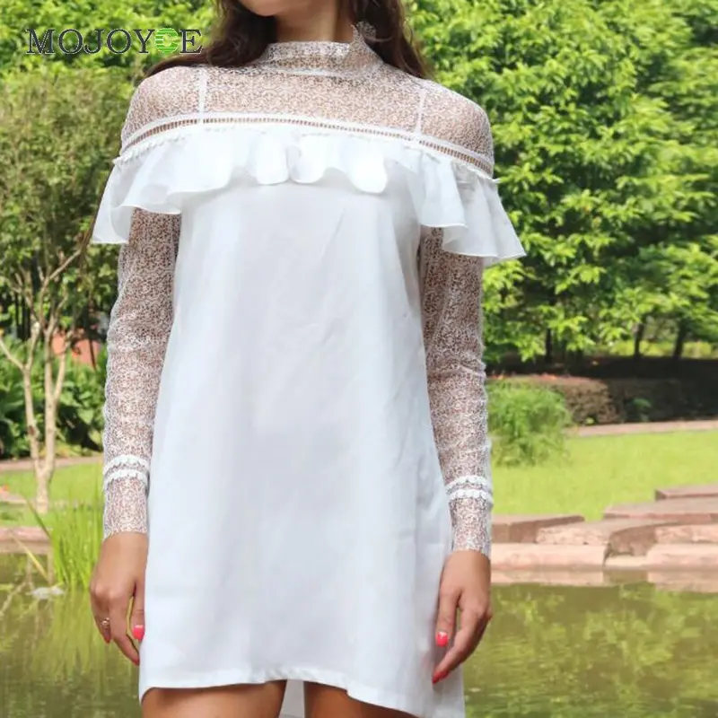 Elegant Dress Cute Mini Women Dress White Lace Ruffled Hollowout Office Dress Long Sleeve Slim Ol Vestido De Festa 2