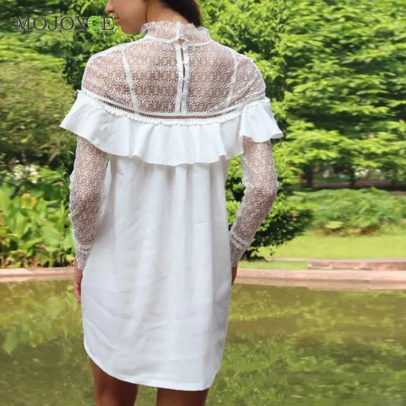 Elegant Dress Cute Mini Women Dress White Lace Ruffled Hollowout Office Dress Long Sleeve Slim Ol Vestido De Festa 3