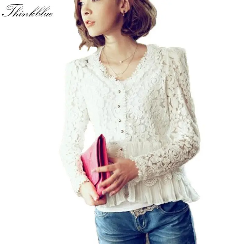 Elegant Lace Blouses Long Sleeve Chiffon Patchwork Crochet Blouse V Neck Shoulder Padded White Blouse Xxl 1