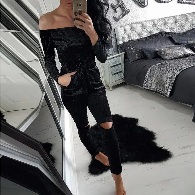 Elegant Off Shoulder Velvet Jumpsuit Women Slim Overalls Rompers Casual Long Pants Ladies Jumpsuits Romper 5 Colors 1