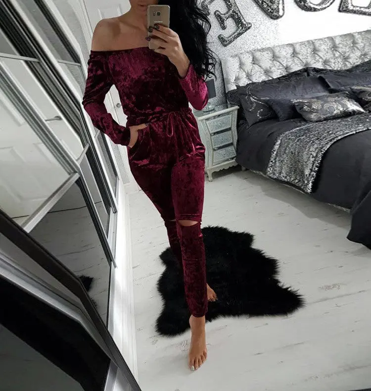 Elegant Off Shoulder Velvet Jumpsuit Women Slim Overalls Rompers Casual Long Pants Ladies Jumpsuits Romper 5 Colors 10