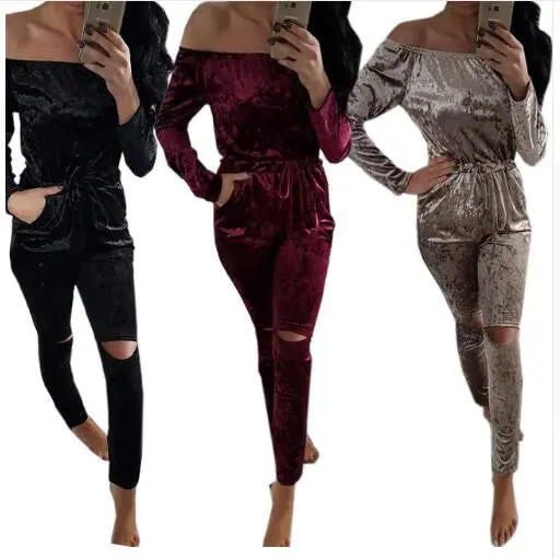 Elegant Off Shoulder Velvet Jumpsuit Women Slim Overalls Rompers Casual Long Pants Ladies Jumpsuits Romper 5 Colors 11