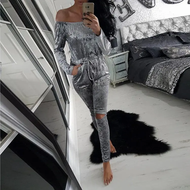 Elegant Off Shoulder Velvet Jumpsuit Women Slim Overalls Rompers Casual Long Pants Ladies Jumpsuits Romper 5 Colors 5
