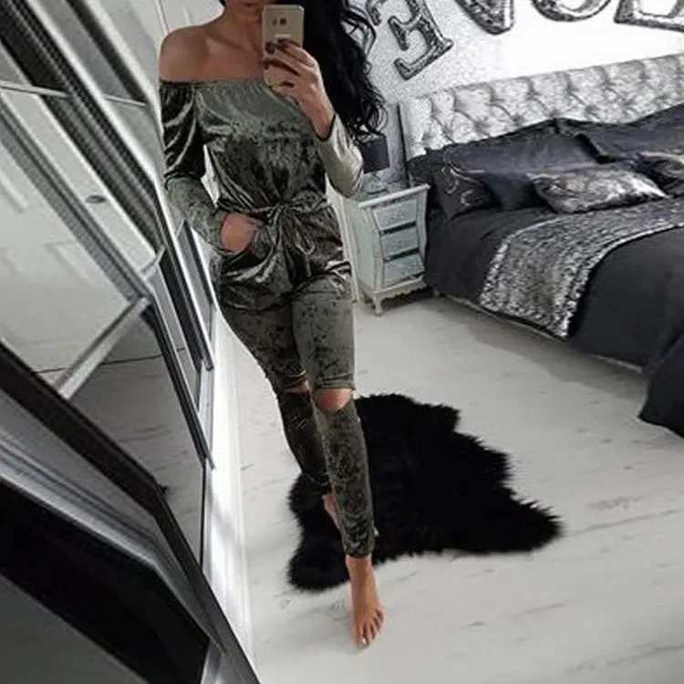 Elegant Off Shoulder Velvet Jumpsuit Women Slim Overalls Rompers Casual Long Pants Ladies Jumpsuits Romper 5 Colors 6