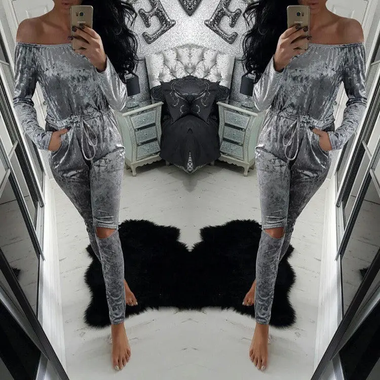 Elegant Off Shoulder Velvet Jumpsuit Women Slim Overalls Rompers Casual Long Pants Ladies Jumpsuits Romper 5 Colors 8