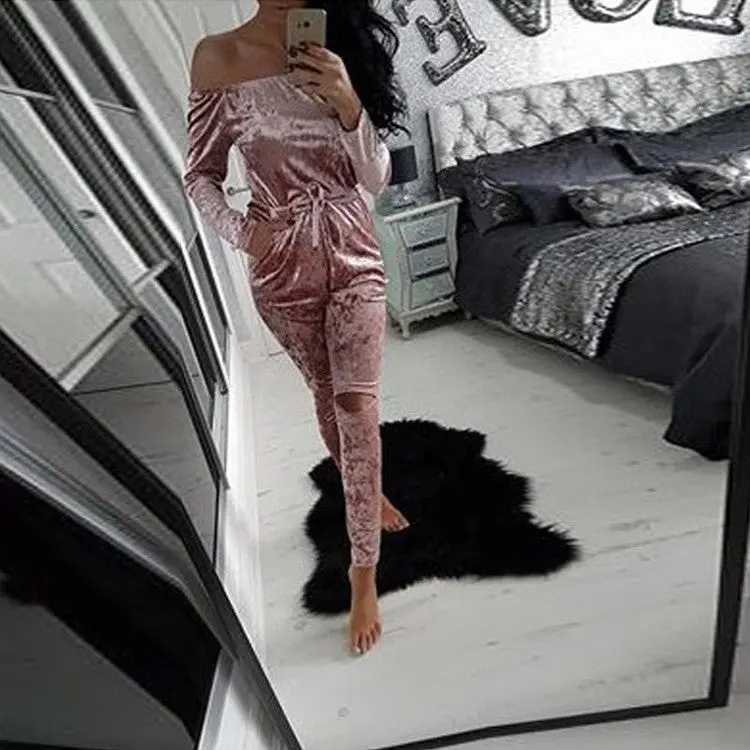 Elegant Off Shoulder Velvet Jumpsuit Women Slim Overalls Rompers Casual Long Pants Ladies Jumpsuits Romper 5 Colors 9