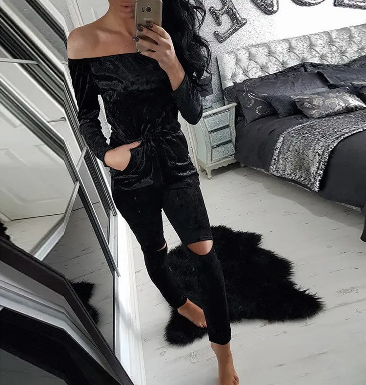 Elegant Off Shoulder Velvet Jumpsuit Women Slim Overalls Rompers Casual Long Pants Ladies Jumpsuits Romper 5 Colors 9