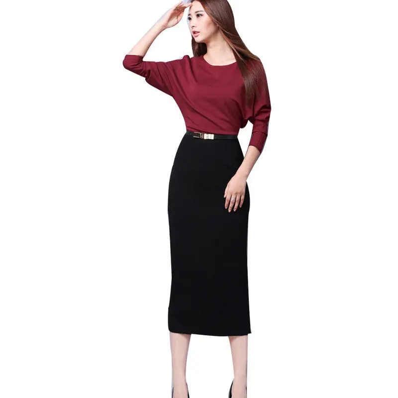 Elegant Office Ladies Work Dress Batwing Sleeve Slim Lady Dresses Office Wear Midi Dress For Women Plus Size 2