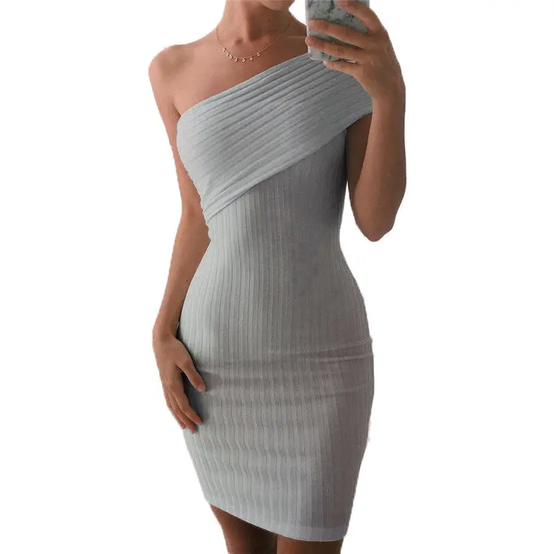 Elegant One Shoulder Knitted Dress Slim Sexy Bodycon Dress Mini Robe Femme Off Shoulder Knitting Dress 1