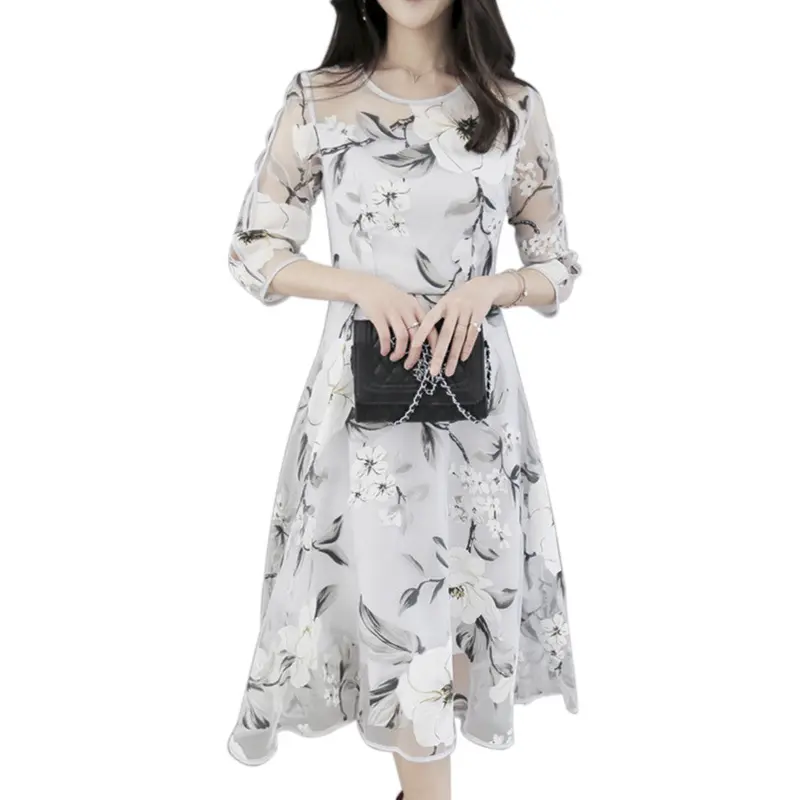 Elegant Organza Floral Printing Women Dress O-Neck 3/4 Sleeve Party Dress Vestidos Autum Long Dress Vestido De Festa 1