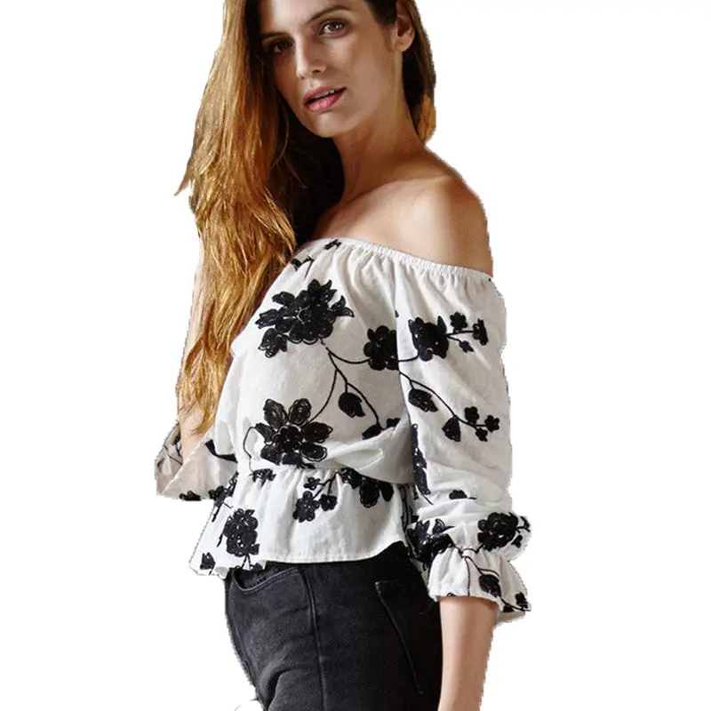 Elegant Sexy Shoulder Out Blusa Lantern Sleeve Flower Print Blusa Feminina Sexy Waisted Crop Top Blouse Lady 2
