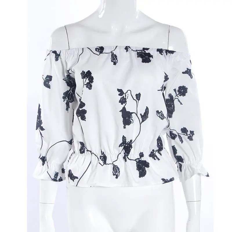 Elegant Sexy Shoulder Out Blusa Lantern Sleeve Flower Print Blusa Feminina Sexy Waisted Crop Top Blouse Lady 4