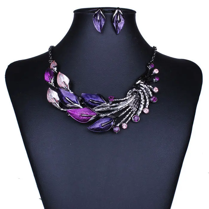 Elegant Women Lady Purple Peacock Enamel Bib Necklace Stud Earrings Set 1