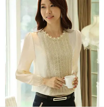 Elegant Women's Long Sleeve Chiffon Blouses Shirts Embroidery Beading Ol Tops J1869 1