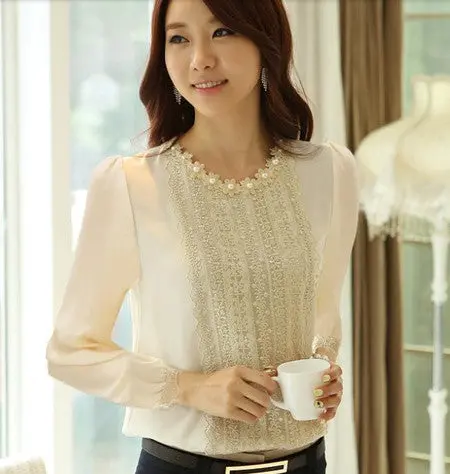 Elegant Women's Long Sleeve Chiffon Blouses Shirts Embroidery Beading Ol Tops J1869 3